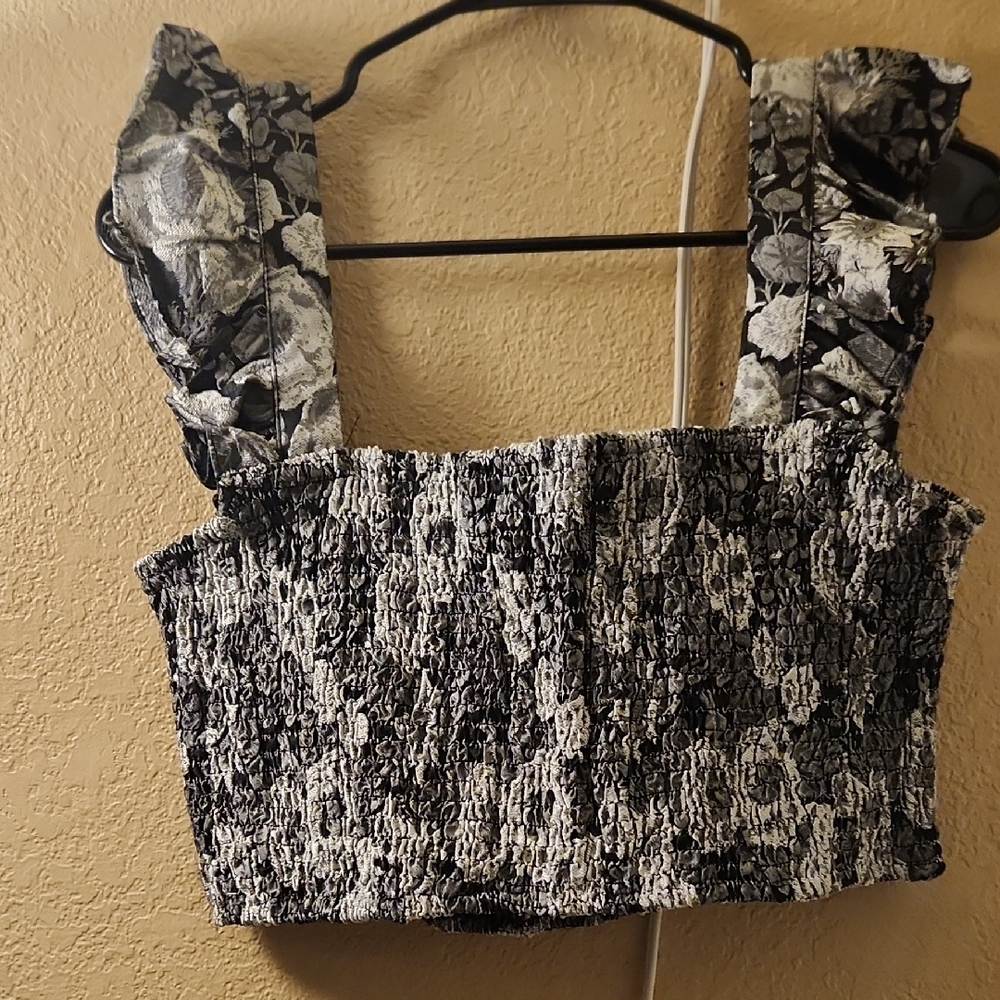 Floral Black and White Smocked Women's Top 2 Piece Skirt